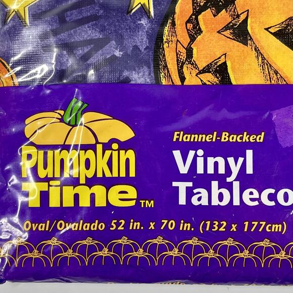 Vintage Vinyl Table Cloth W/ Flannel Back Halloween Jack-o’-lantern Stars NEW - Picture 3 of 3